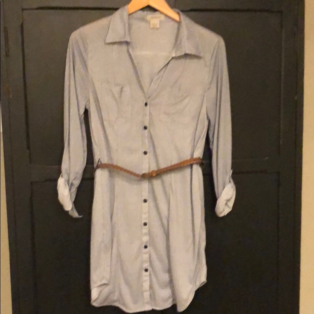 Blue and white striped shirt dress